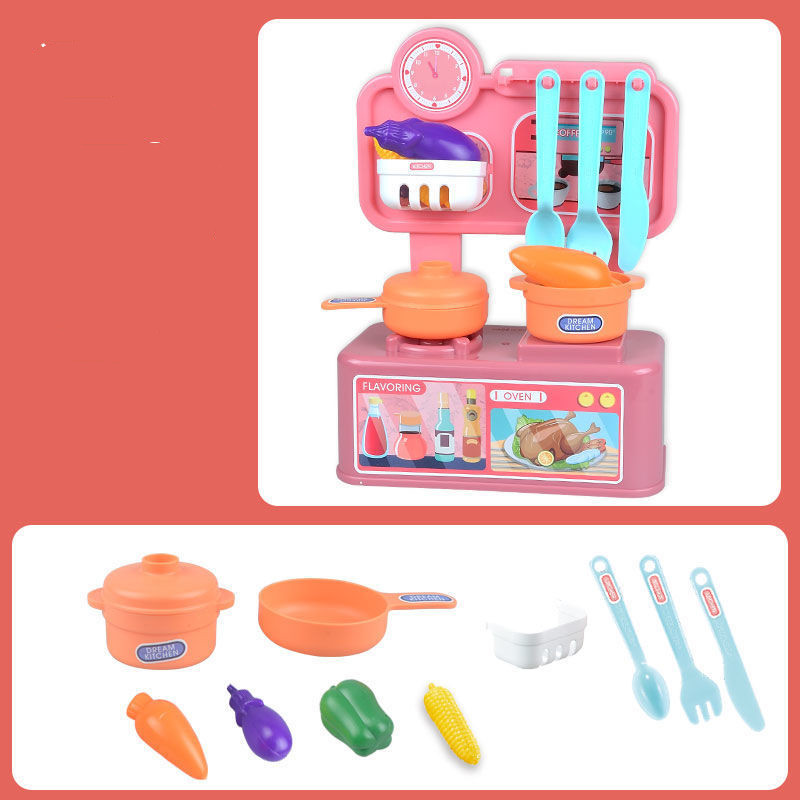 Assortment of colorful kitchen toys including miniature pots, pans, utensils, and play food, perfect for imaginative play and fostering creativity in children.