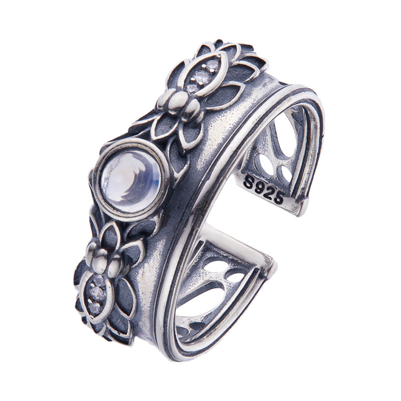 Natural Moonstone Ring Retro Style S925 Sterling Silver