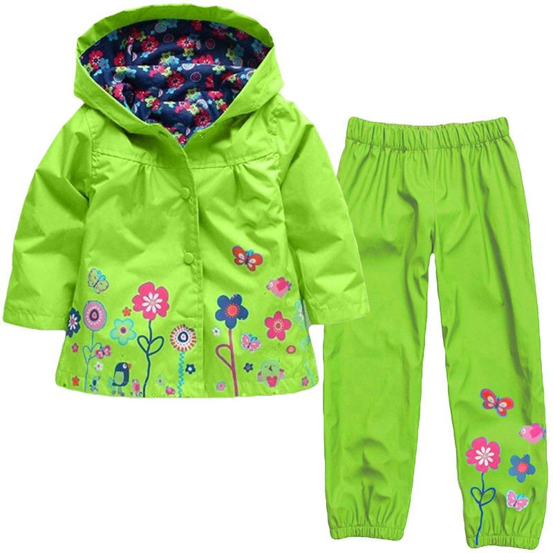 Color: Light Green, Child size: 100cm - Children's Suit Flower Windproof Rainproof Hooded Jacket