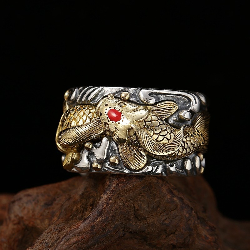 Sterling Silver Jewelry Men's Personality Koi Wide Ring 4