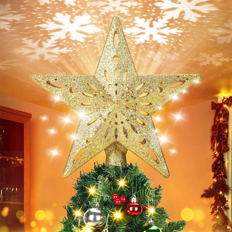 Led Rotating Snowstorm,3D Snowflake Projection Christmas Tree Top Light Christmas Tree Star Topper for Christmas Tree Indoor Decoration （Silver）