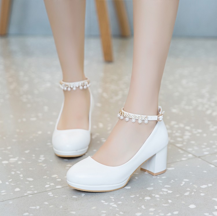 Fashion New Sweet Pearl Buckle Chunky Heel Women’s Shoes