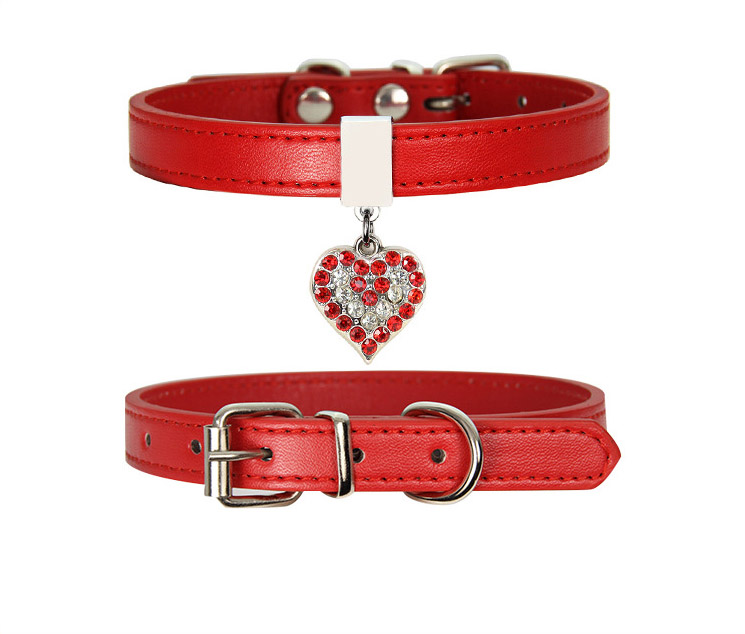 bb1ba879 6ca5 4755 8bb2 fd3911431ad1 - Leather Dog Cat Collar Adjustable Puppy Kitten Rhinestone Neck Collars Lead With Bling Heart For Small Cats Pet Accessories