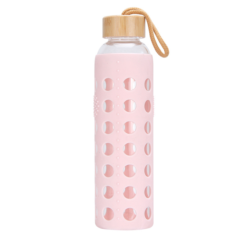 Geneva pink glass water bottle with silicone sleeve