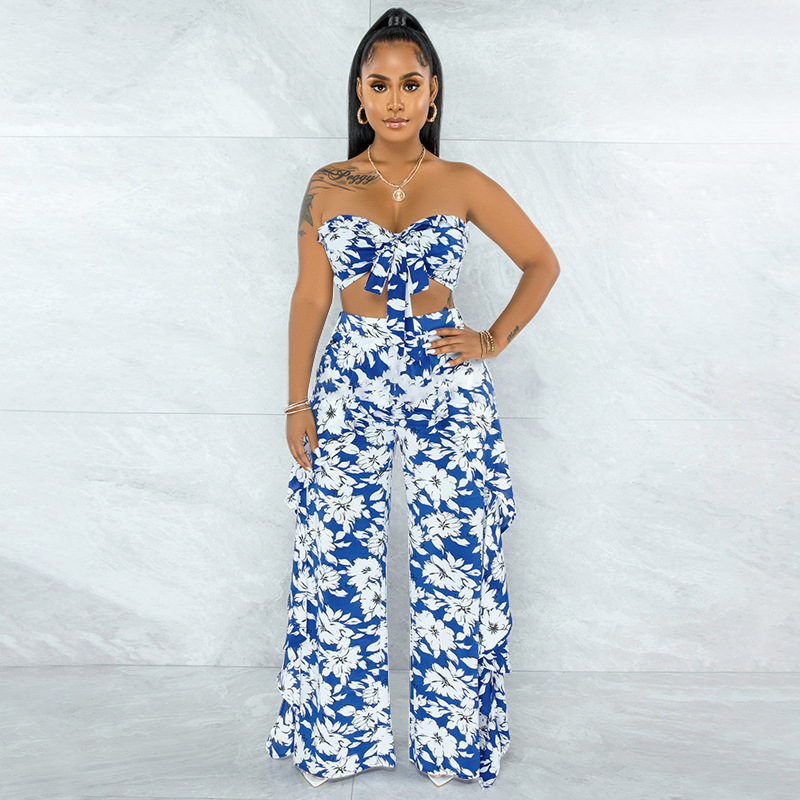 Women's Wide Leg Pants Suit With Printed Ruffled Bow CJdropshipping