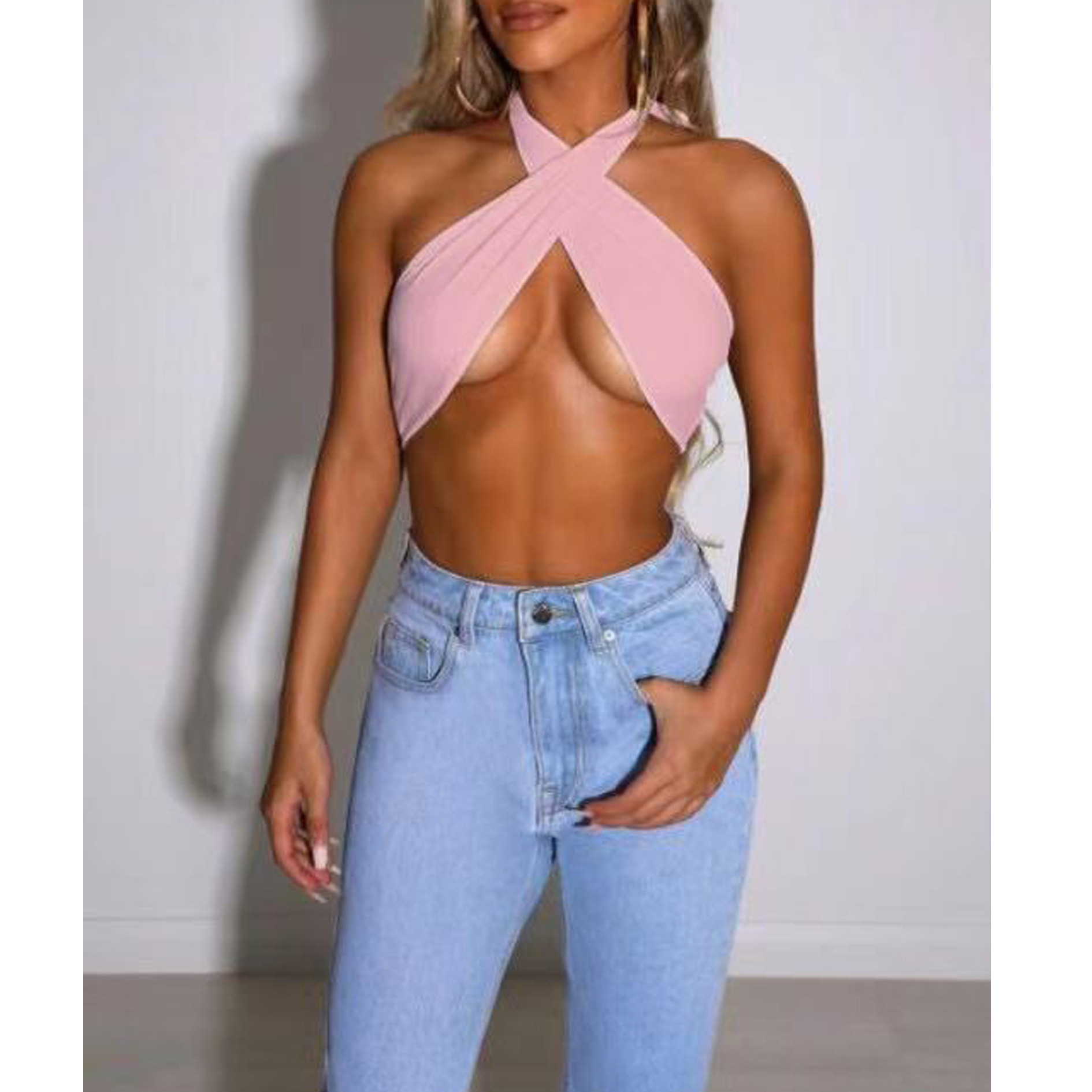 Solid Color Cross Halter Neck Wrap Chest Strap Top CJdropshipping