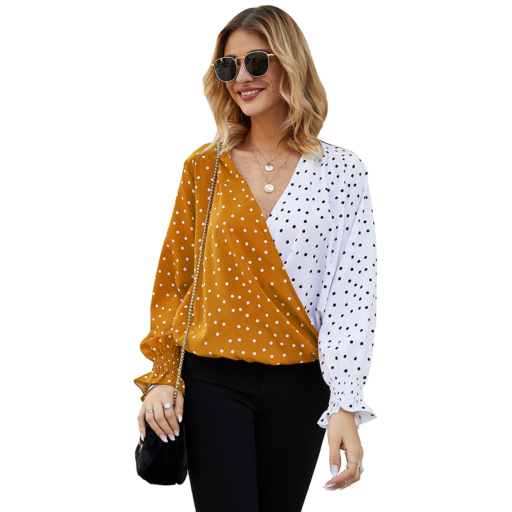 Women's Patchwork Polka Dot Long Sleeve Top Casual Shirt shopper-ever.myshopify.com