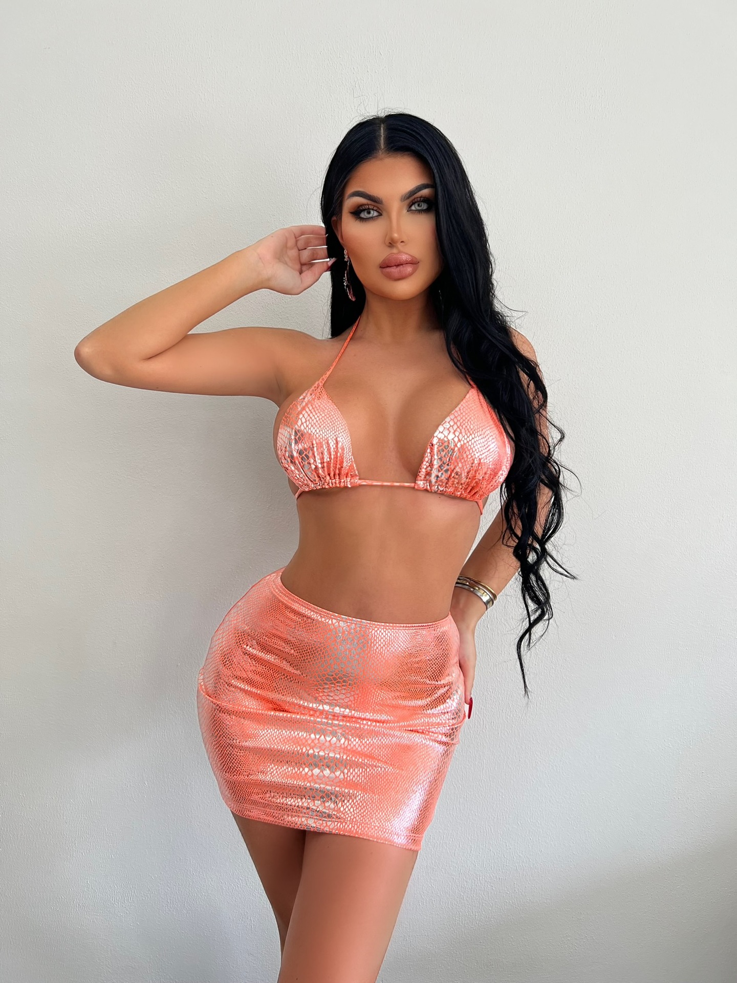 Women's 3Piece Bathing Suits Halter Snake Pattern Bikini Set With Cover Up Skirt - Picture 10 of 14