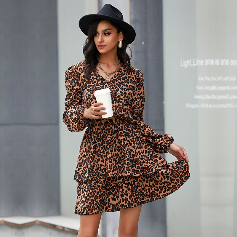 Leopard Print V-neck Puff Sleeve Ruffle Layered Dress