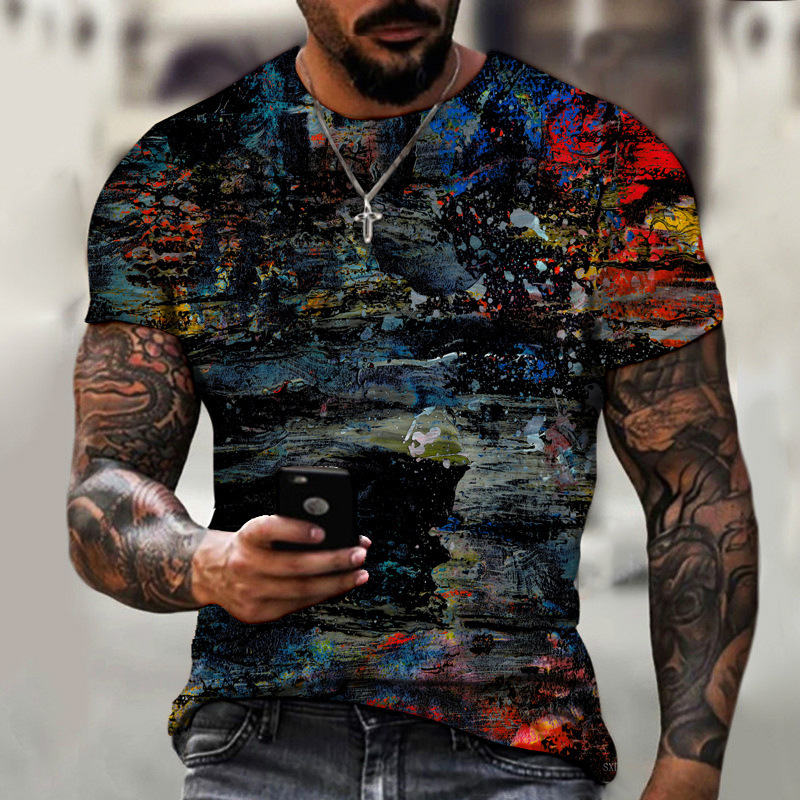 motif abstrait multicolore, effet de peinture noire, bleue, rougesur tee-shirt imprimé 3D