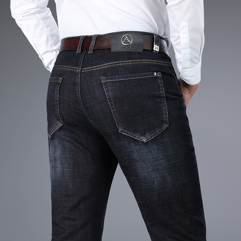 Men High Stretch Slant Pocket Washed Straight Jeans