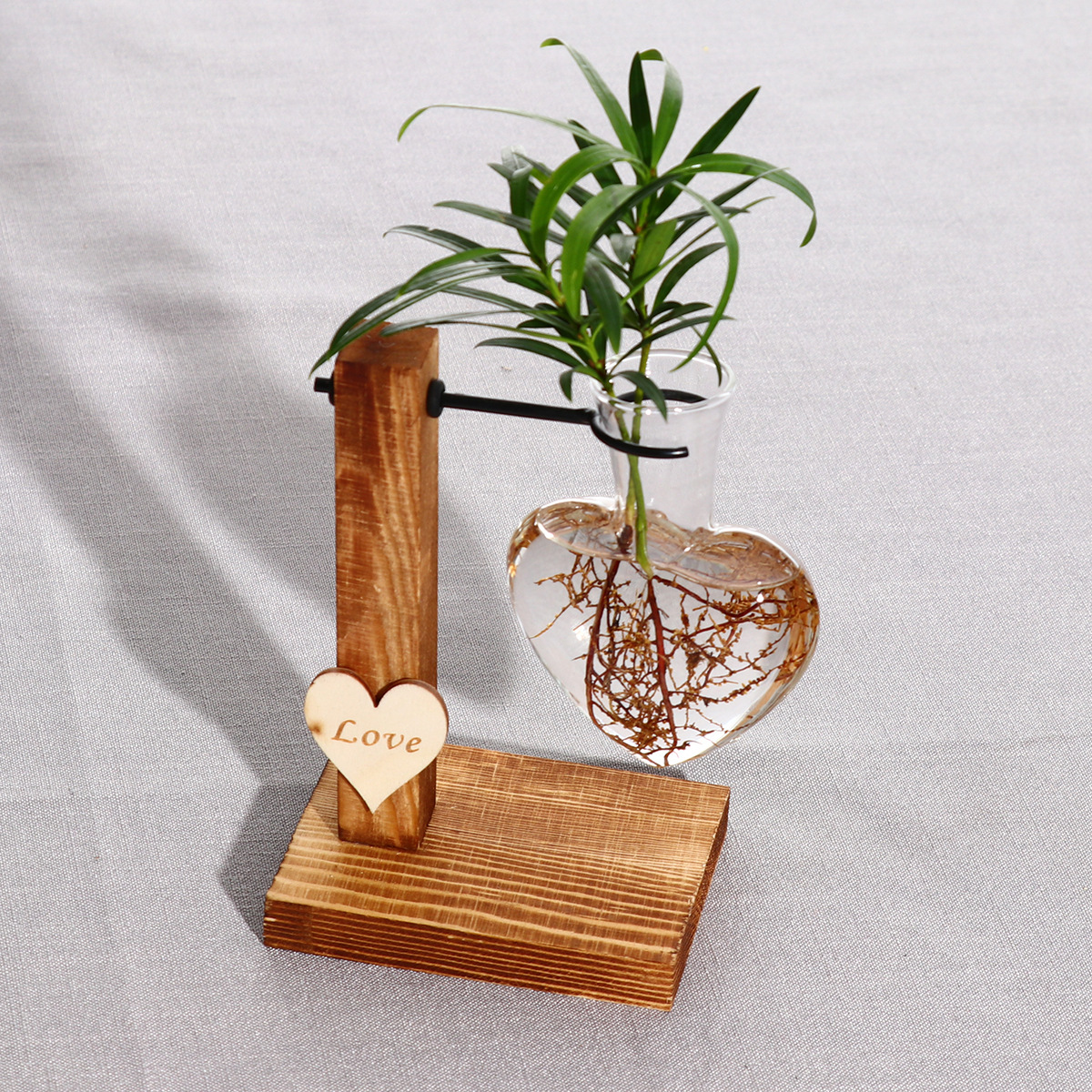 Vase soliflore forme cœur avec support - Verre & bois soliflore Coeur Présentation