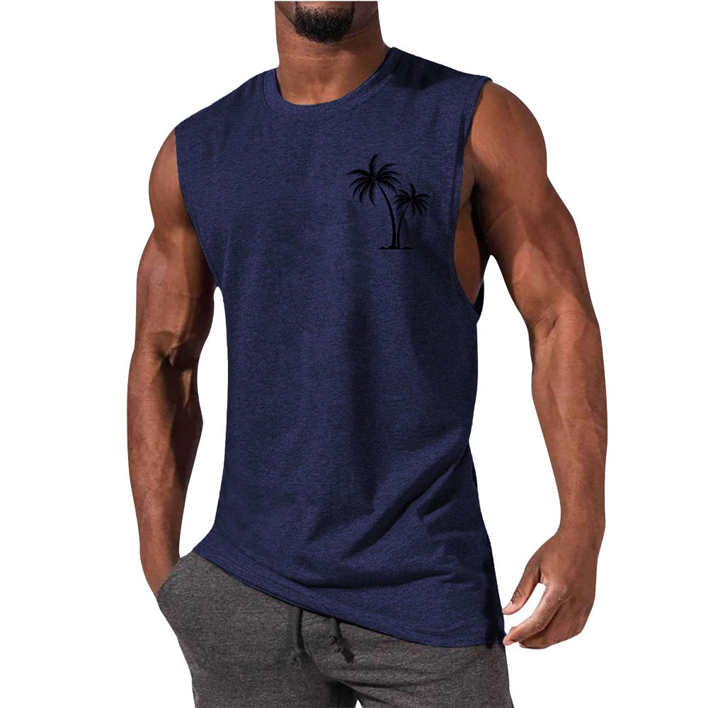 Men Tank Top Workout Muscle Sports Beach Vacation With Palm Tree Embroidery - Picture 3 of 15