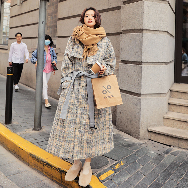 lapel side pockets woolen plaid long coat