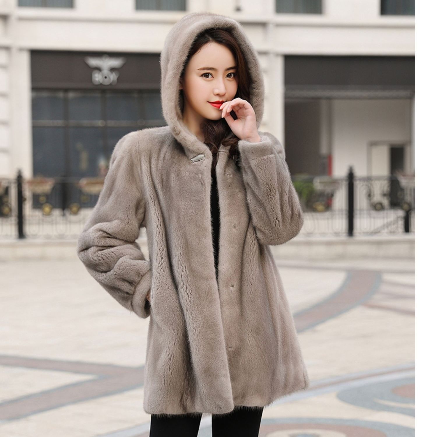 Faux Mink Coat Whole Mink Mid-length With Hood - CJdropshipping