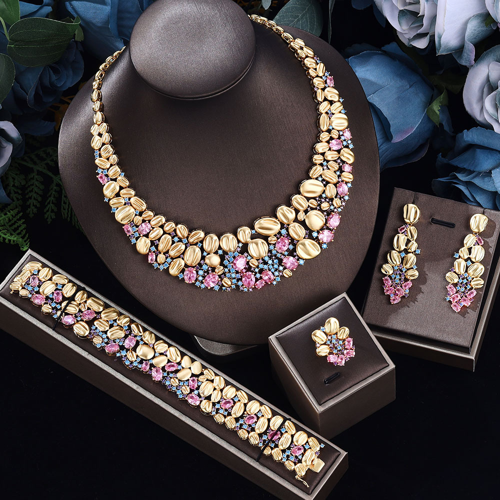 Zircon Necklace & Earrings pink Set