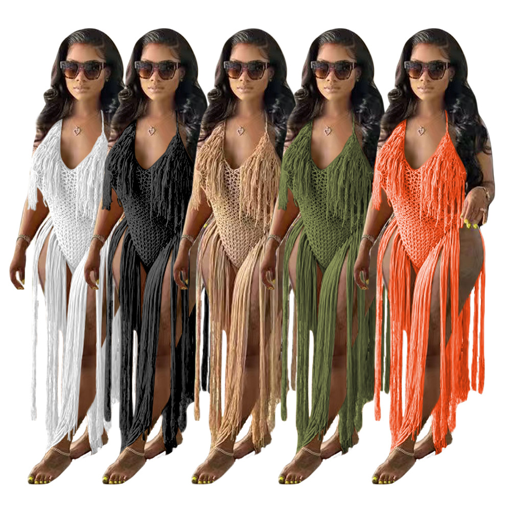 Long Fringe Cutout Knit One Piece Swimsuit Women's CJdropshipping