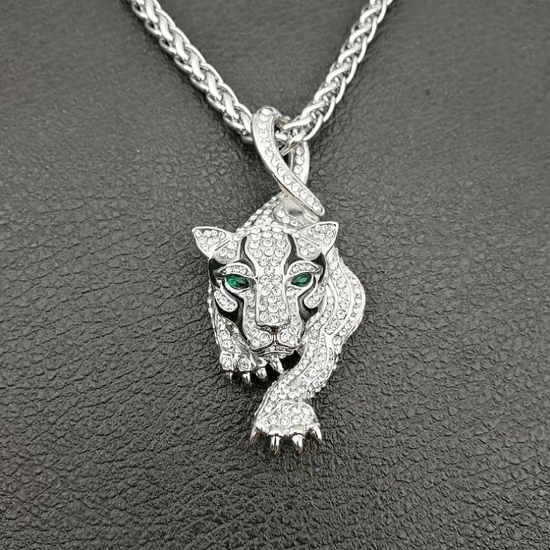 Diamante Prowling Tiger Necklace Pendant With Emerald Eyes - Hip-Hatter