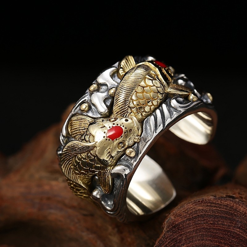 Sterling Silver Jewelry Men's Personality Koi Wide Ring 6