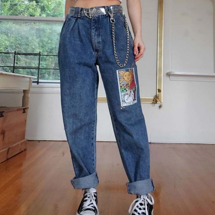 Jeans - Women's loose printed blue trousers jeans