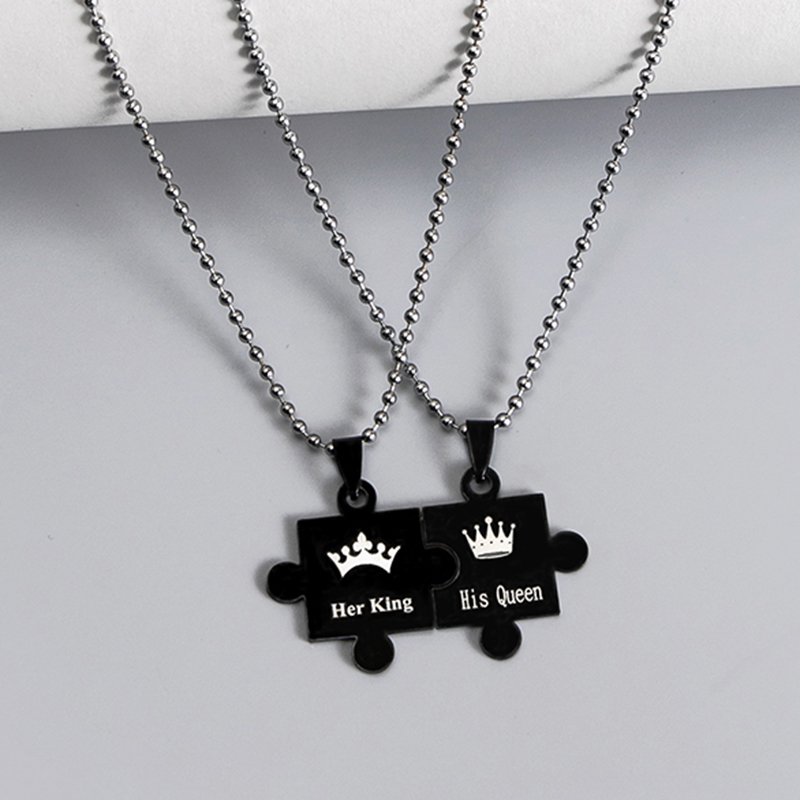da4f5a31 1e8c 42b6 9fd8 62a80fb6df2d - Black Silver Stainless Steel Crown Her King His Queen Jigsaw Puzzle Pendant Couple Necklace