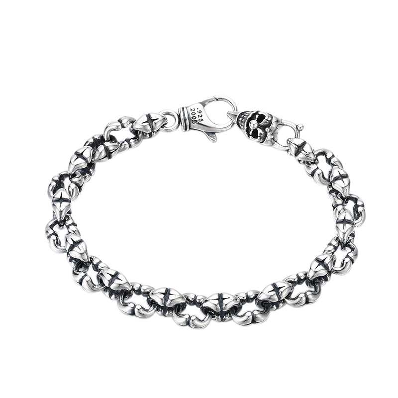 Close-up of the Thick Skull on the Men's S925 Silver Bracelet