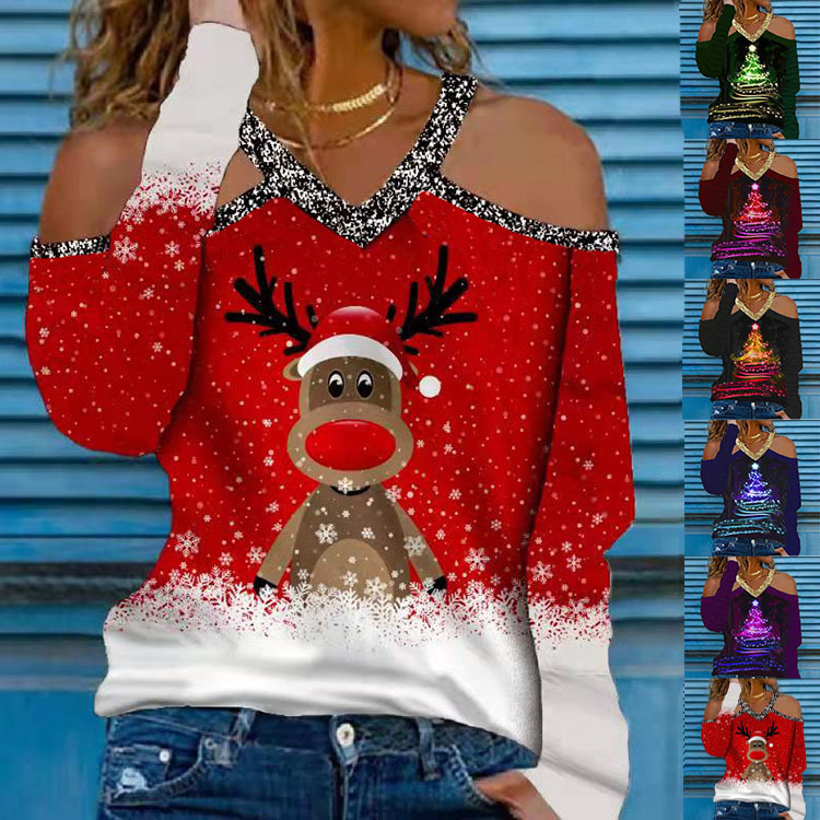 Christmas Elements V Neck Long Sleeved T Shirt Women's Bottoming Shirt ...