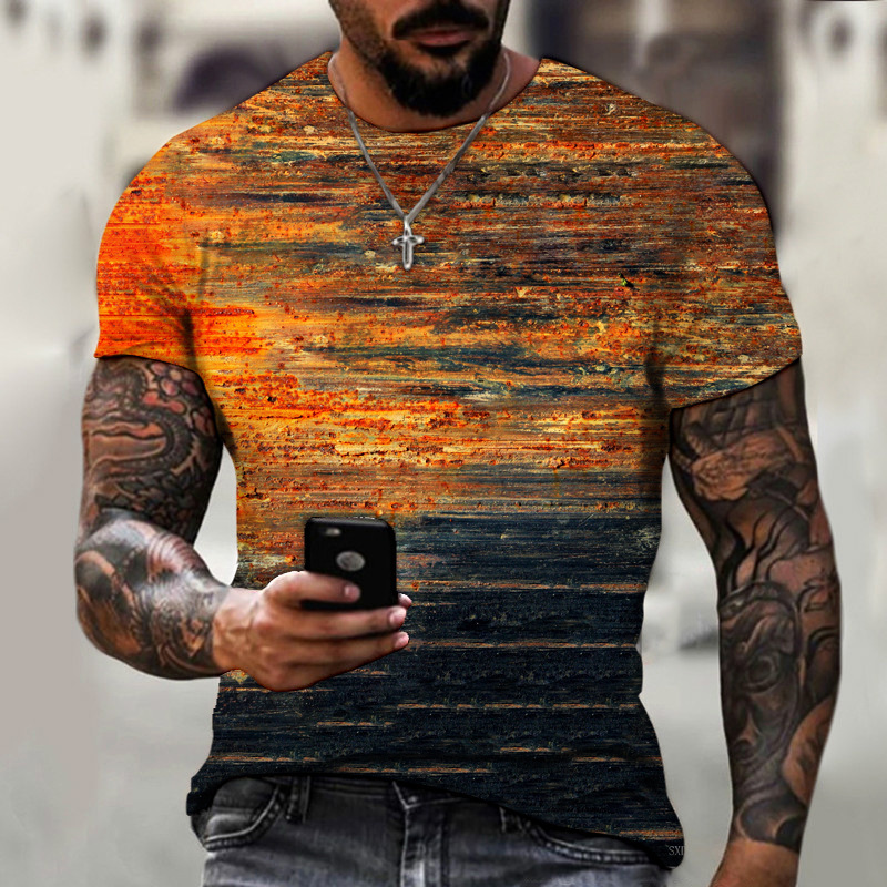 motif abstrait multicolore, effet de peinture orange et marron dominants sur tee-shirt imprimé 3D