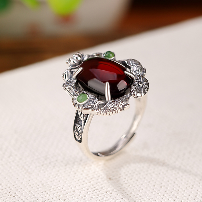 Close-up of Natural Garnet in Silver Ring