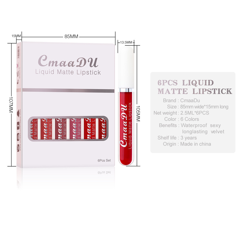 6 Packs of Non-Stick Matte Waterproof Long-Lasting Lipstick