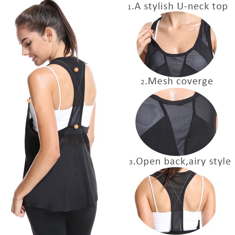 Mesh Patchwork Black Ladies Fitness Tops Sport Breathable Loose Sleeveless Tank Top Women Fitness Clothing Fast Dry T Shirts