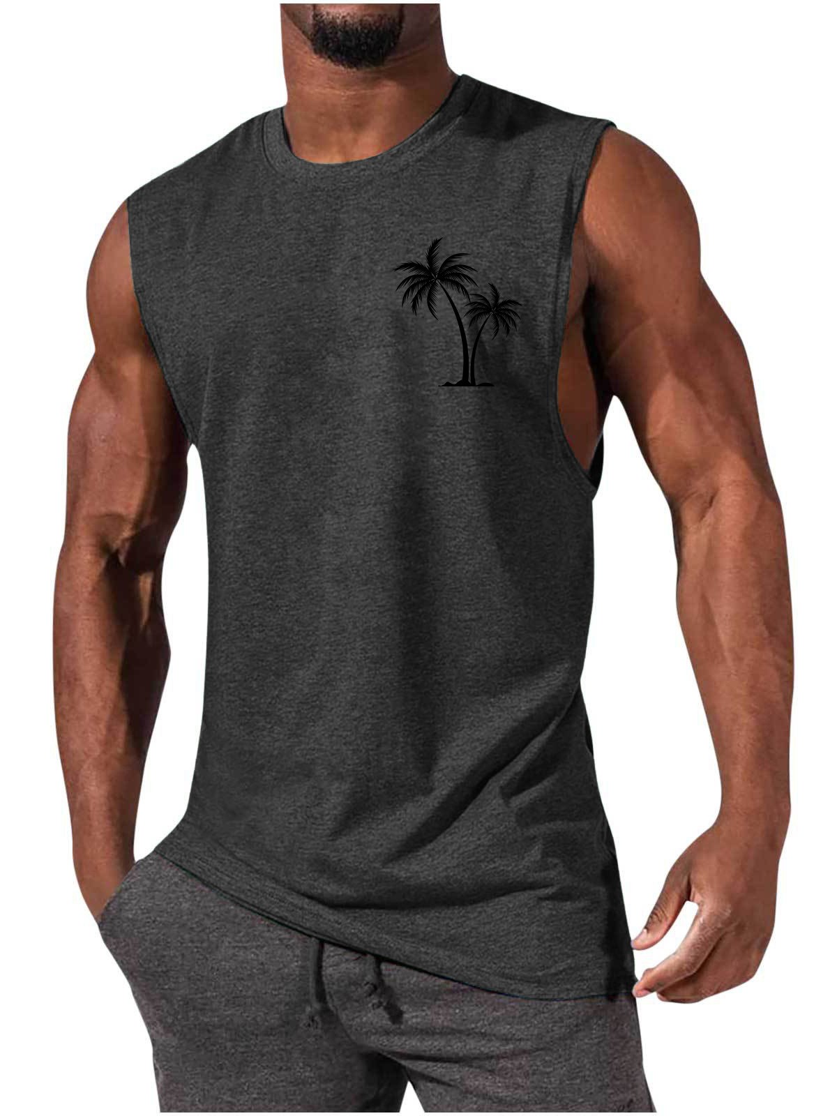 Men Tank Top Workout Muscle Sports Beach Vacation With Palm Tree Embroidery - Picture 5 of 15