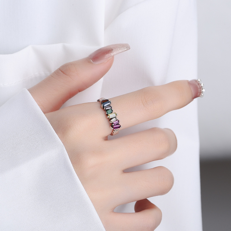S925 Silver Colorful Ladder Zircon Ring