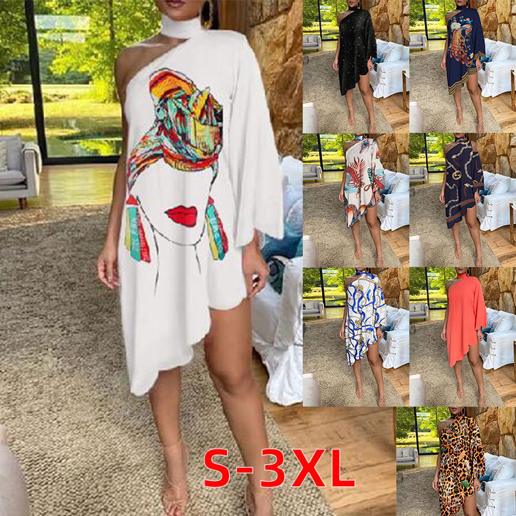 Off-the-shoulder damesjurk met print, damesfeestjurk met één mouw, stijlvolle off-shoulder damesjurk, trendy mini-jurk met print voor dames