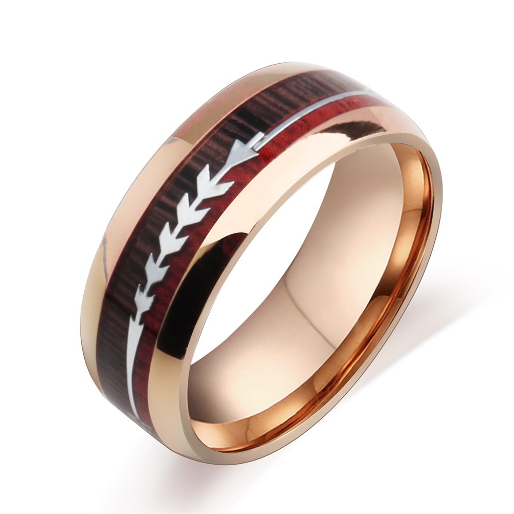 Stainless Steel Wood Grain Arrow Inlaid Ring - Picture 5 of 6