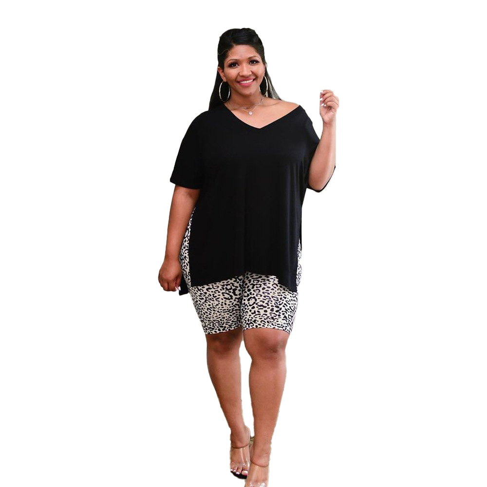 Casual Split T-shirt with Print Shorts Black