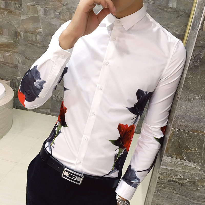 Red And Black Rose Pattern Digital Printing Men's Long-sleeved Shirt ...