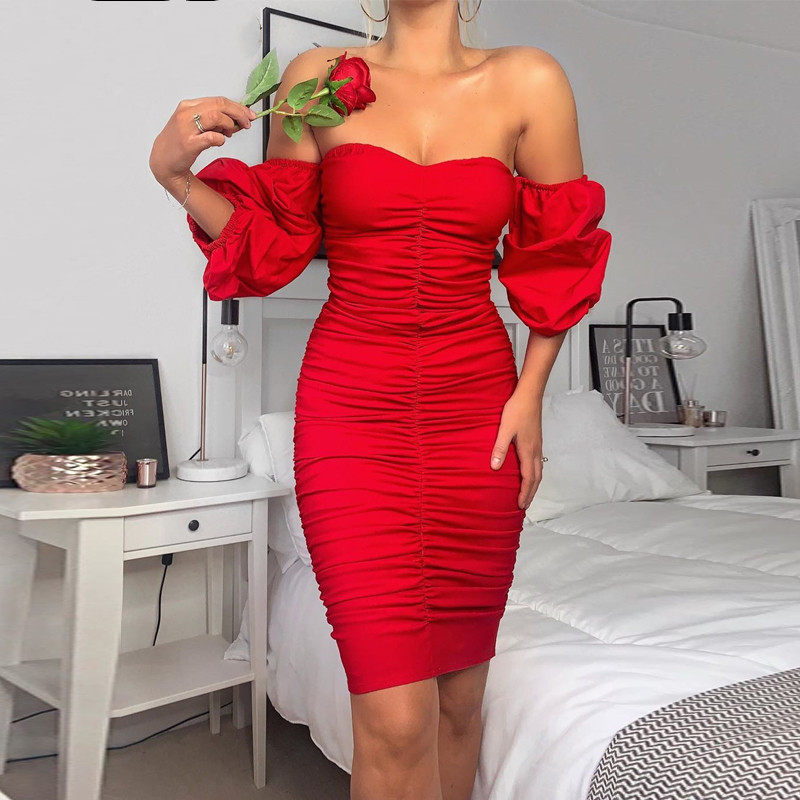 Sweetheart Bustier Off Shoulder Puff Sleeve Ruched Bodycon
