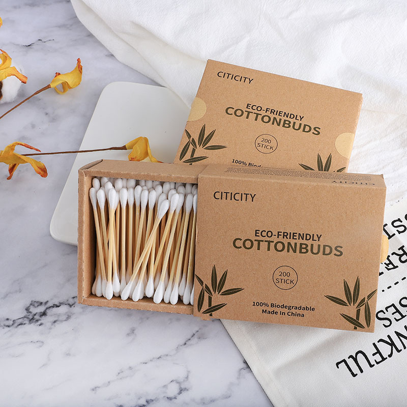 Bamboo Cotton Swabs In Carton Box 200 Pcs Eco Friendly Compostable Wooden Ear Sticks Biodegradable Double Round Q-Tips