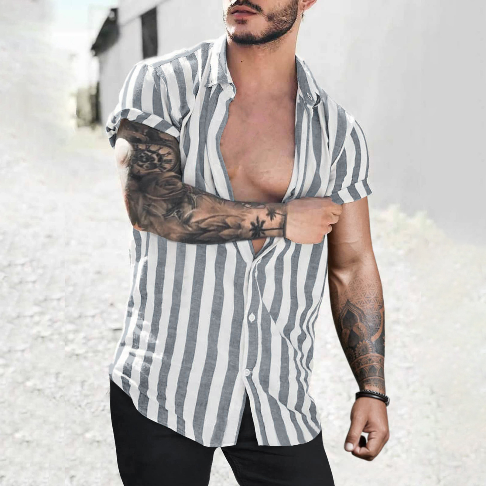 Lapel Striped Cardigan Linen Short Sleeve Shirt For Men