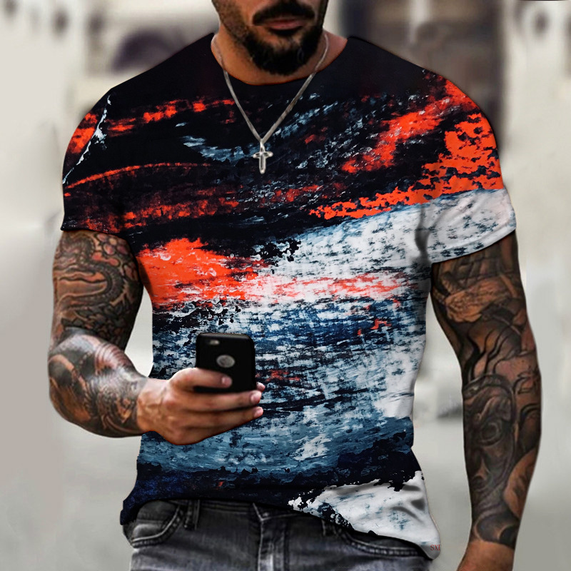 motif abstrait multicolore, effet de peinture noire, bleue dominants sur tee-shirt imprimé 3D