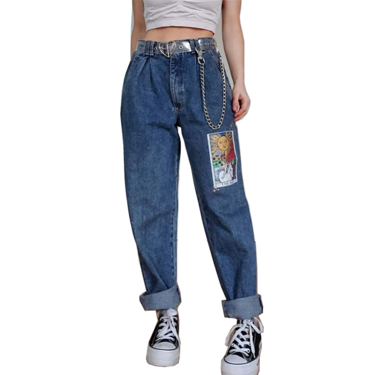 Pants - Women's loose printed blue trousers jeans