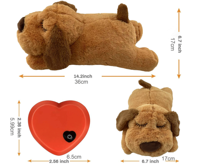 An image of a Brown Soothe Your Pup's Anxiety Sleep Toy with measurement details of the sleep toy and the heart - fiercelysouthern
