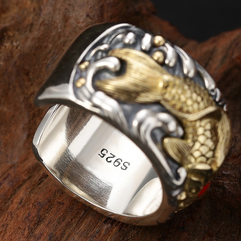 Sterling Silver Jewelry Men's Personality Koi Wide Ring 8