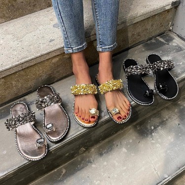 Summer Flat-heel All-over-toe Rhinestone Sandals Sandals—1