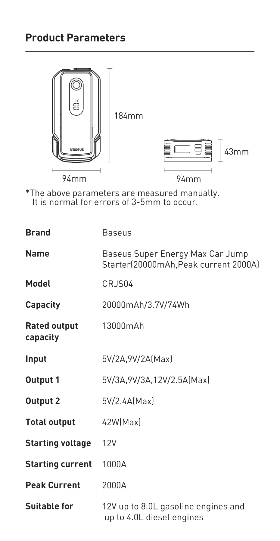 Baseus Super Energy Max Auto Starthilfe (20000mAh, Peakcurrent 2000A) +  Kabel schwarz (CGNL020001) - ✓