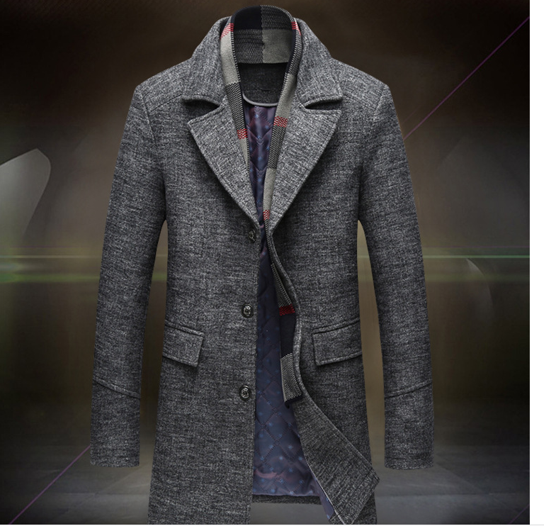 Men Casual Woolen Coat With Scarf - CJdropshipping