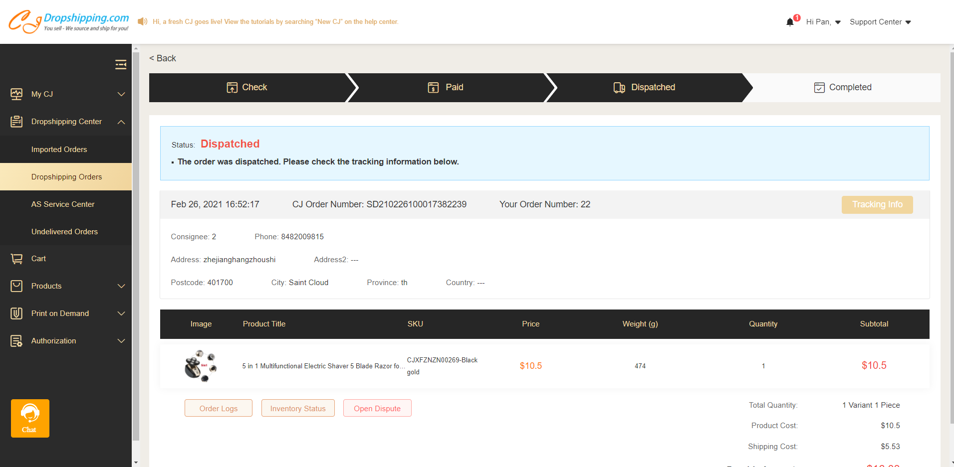 New CJ 6 Order Status in Dropshipping Orders